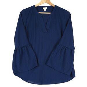J Crew Navy Blue Bell Sleeve V Neck Blouse Top Women Size Small